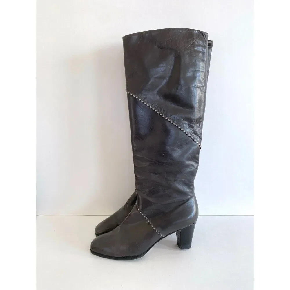 Vintage Salvatore Ferragamo Gray Leather Tall Zip Up Knee-High Boots Size 5 1/2 - Picture 1 of 7